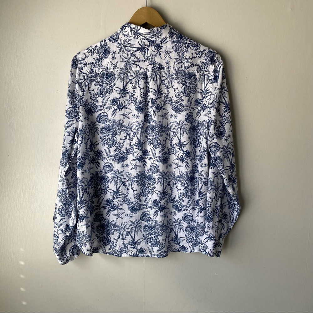 Garnet Hill Nautical Print 100% Linen Long Sleeve Button Shirt 8 Coastal Beachy - Picture 6 of 10